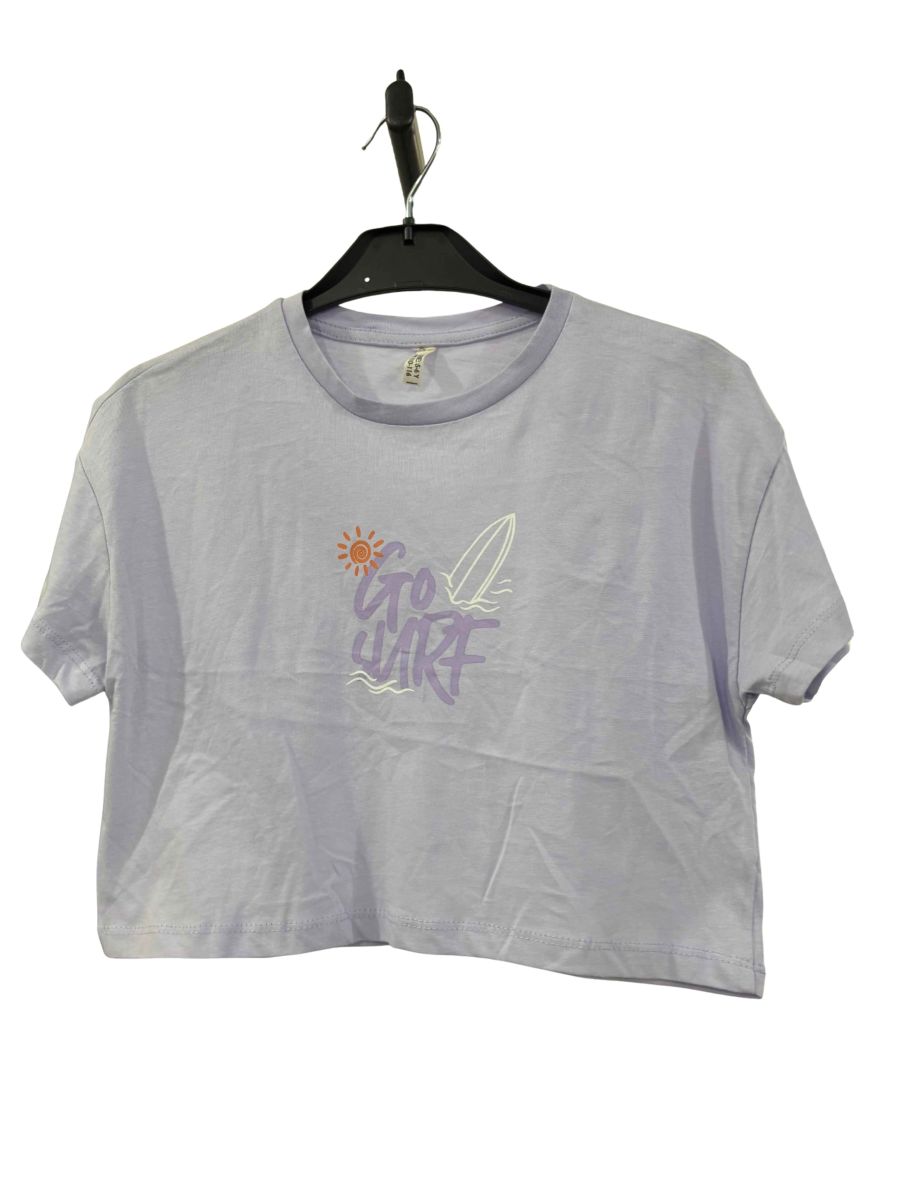 Açık Lila "Go Surf" Baskılı Bisiklet Yaka Crop Tişört
