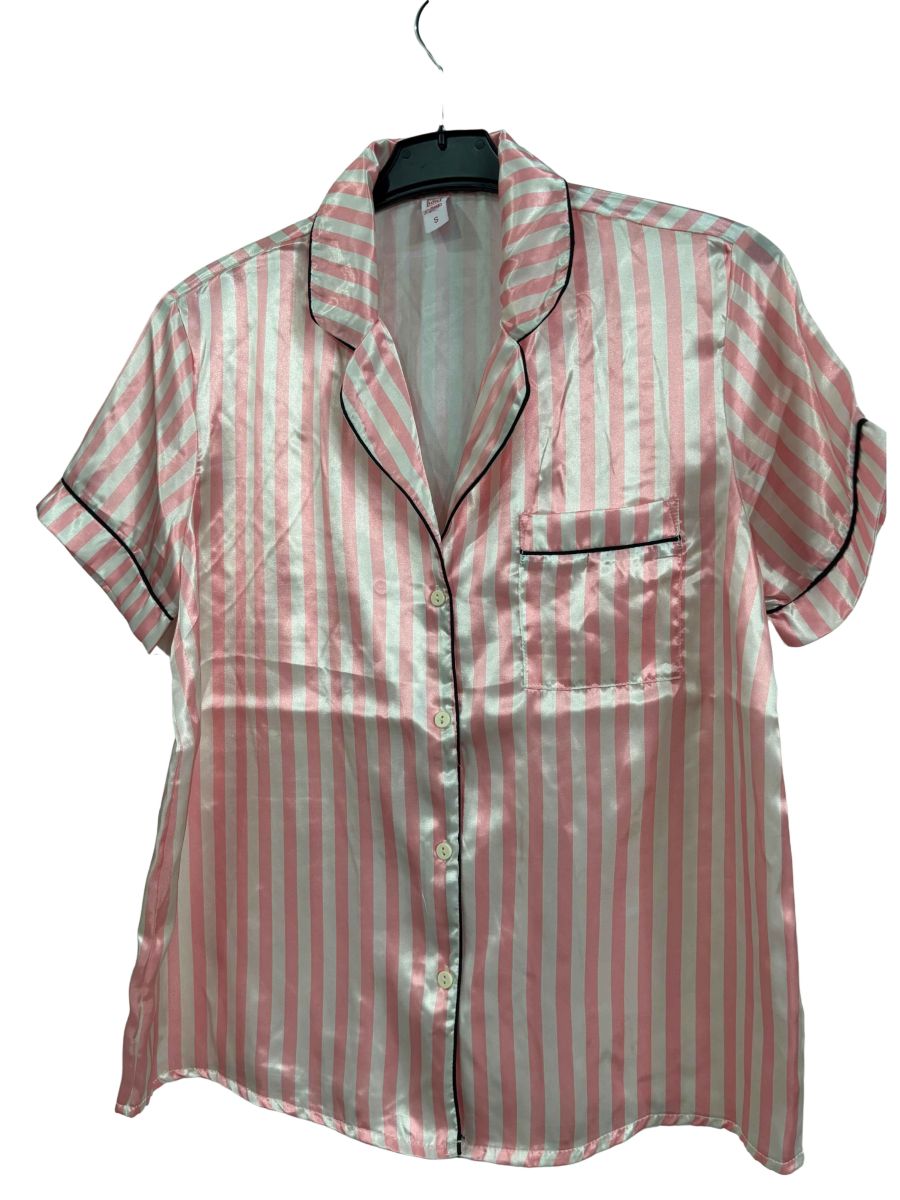Pembe Beyaz Çizgili Siyah Biyeli Saten Kısa Kollu Pijama Üstü