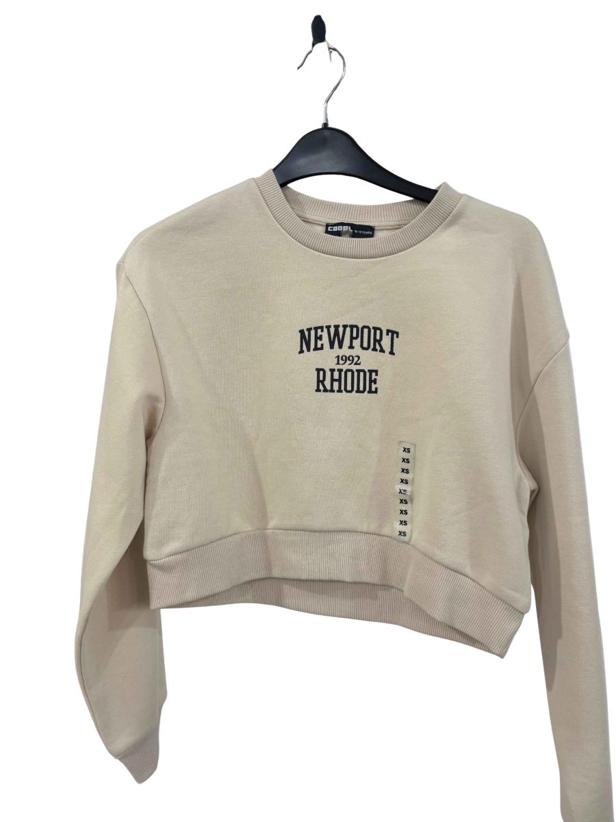 Newport Baskılı Bisiklet Yaka Bej Crop Sweatshirt