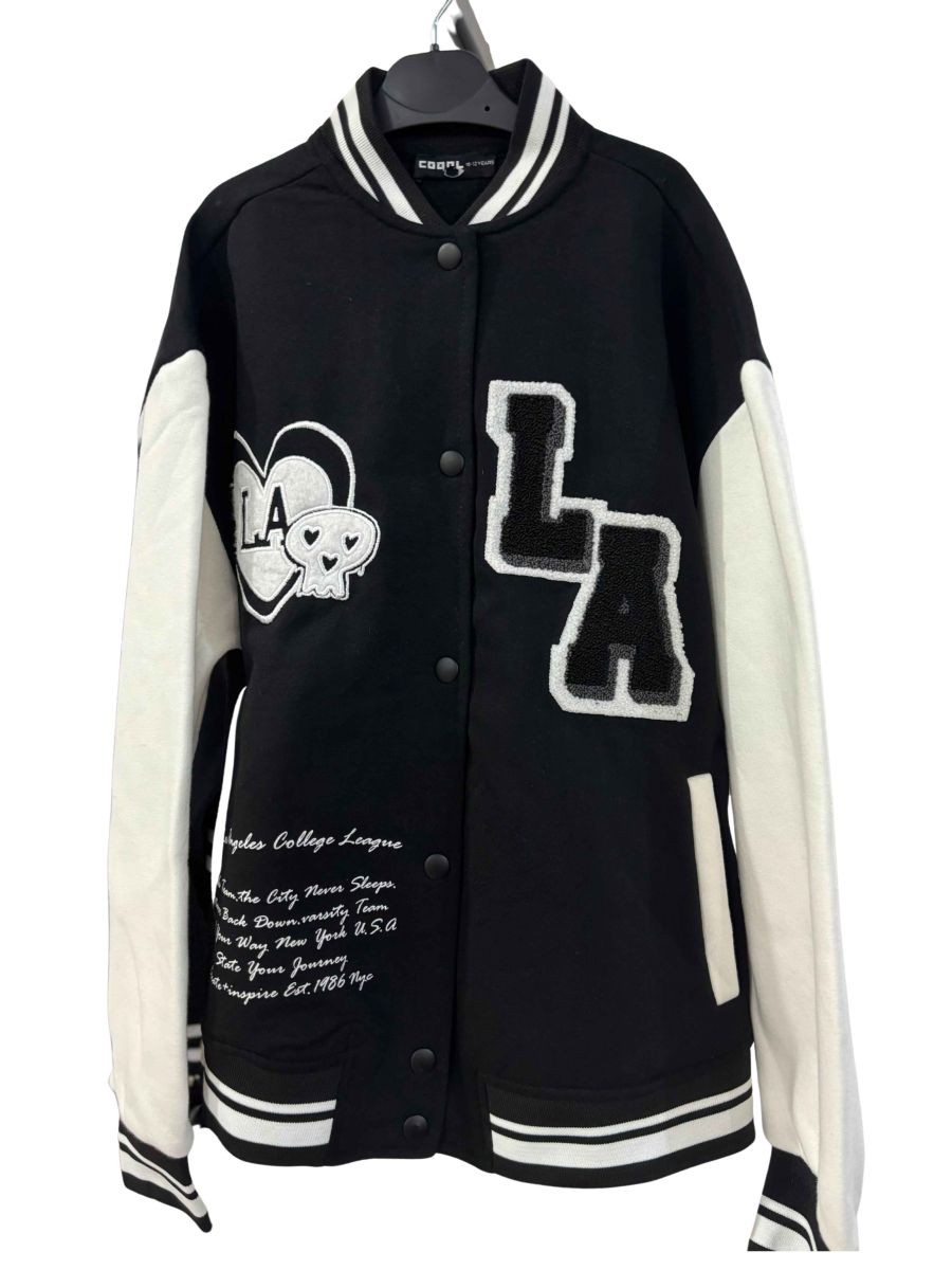 Siyah Beyaz LA Nakışlı Oversize Kolej Ceket (Varsity)