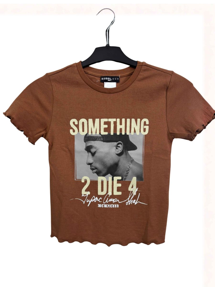 Tupac "Something 2 Die 4" Baskılı Kıvırcık Kenar Kahverengi Kadın Tişört